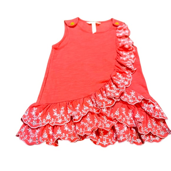 Matilda Jane size 6 Coral Sleeveless Top with White Embroidery ruffled. EUC - Picture 1 of 5